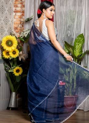 blue woven organza stone work all seasons sarees 4