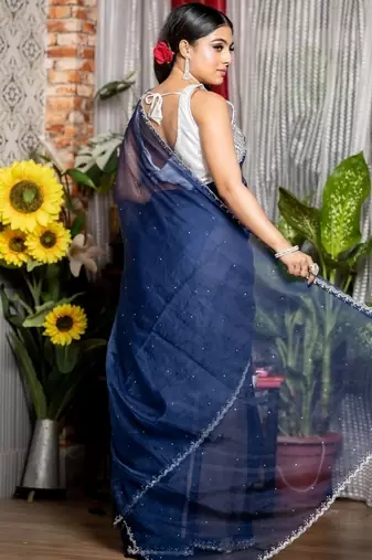 blue woven organza stone work all seasons sarees