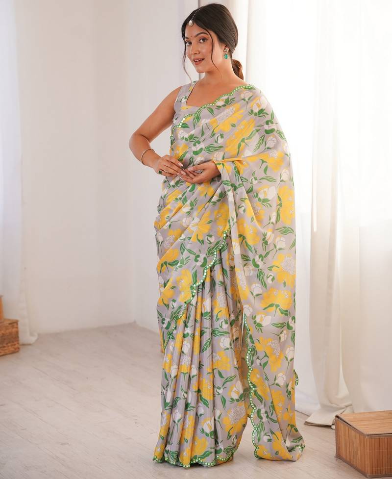 off white color girlie chinon fabric designer digital printed ceremonial saree