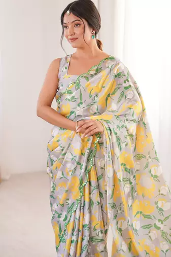 off white girlie chinon digital printed ceremonial saree