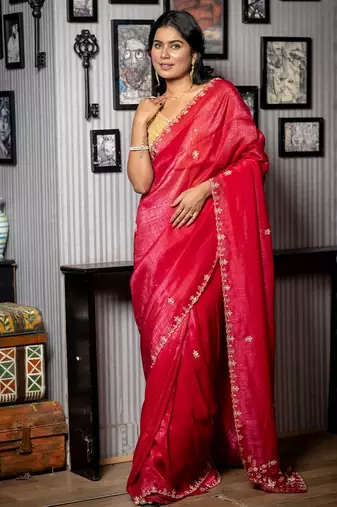 red woven faux shimmer sequins work all seasons sarees
