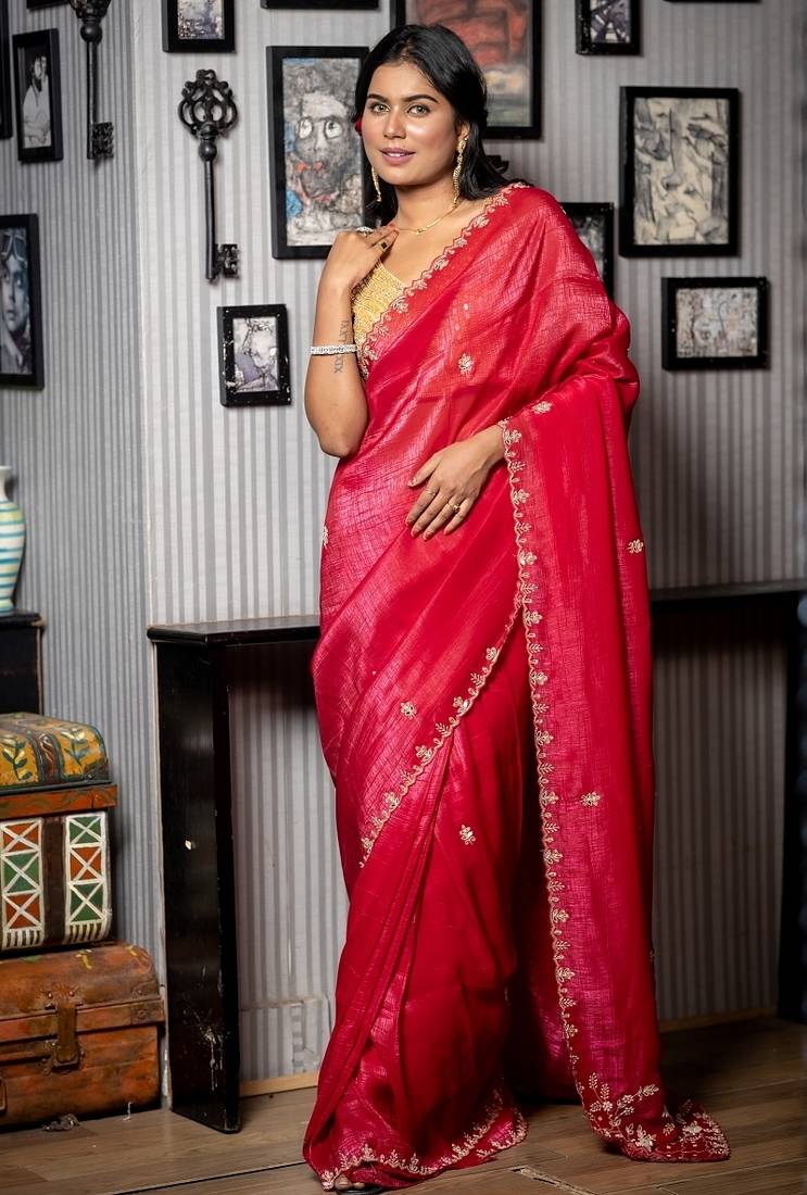red woven faux shimmer sequins work all seasons sarees