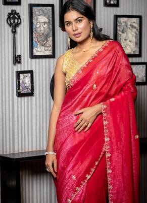 red woven faux shimmer sequins work all seasons sarees 2