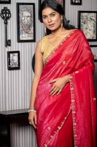 red woven faux shimmer sequins work all seasons sarees