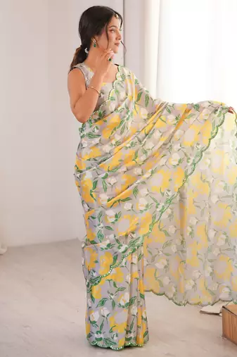 off white girlie chinon digital printed ceremonial saree