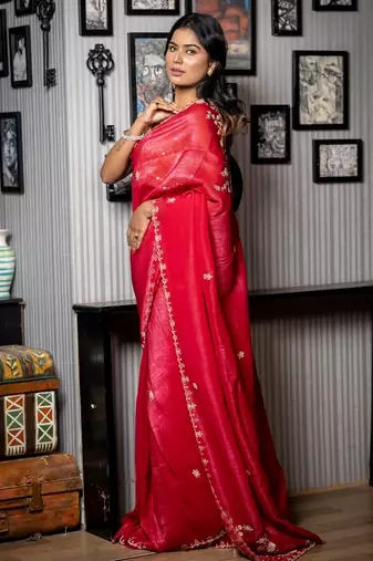 red woven faux shimmer sequins work all seasons sarees