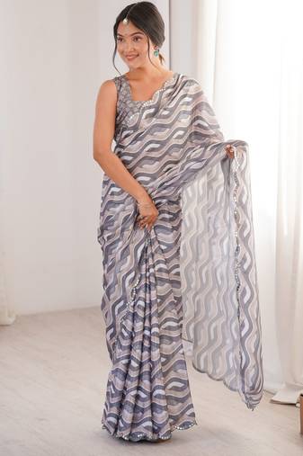 grey color girlie chinon fabric designer digital printed ceremonial saree