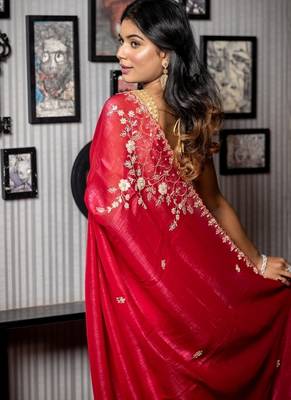 red woven faux shimmer sequins work all seasons sarees 4