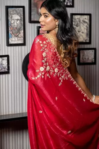 red woven faux shimmer sequins work all seasons sarees