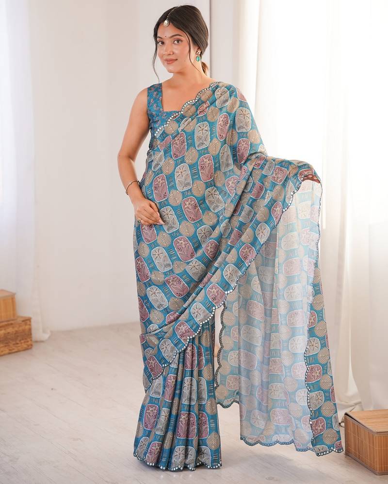 blue color girlie chinon fabric designer digital printed ceremonial saree