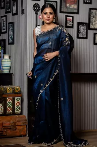 blue woven faux shimmer sequins work all seasons sarees