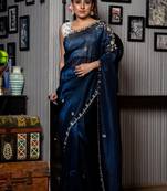 blue woven faux shimmer sequins work all seasons sarees