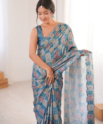 blue girlie chinon digital printed ceremonial saree 3