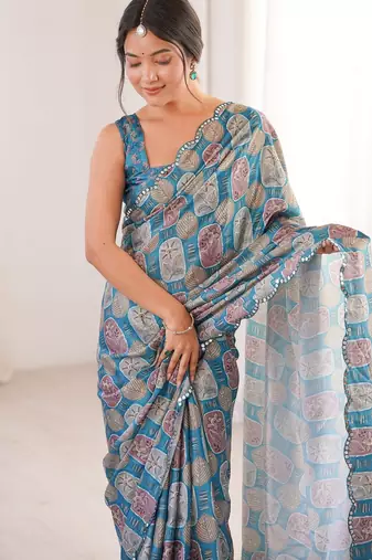 blue girlie chinon digital printed ceremonial saree