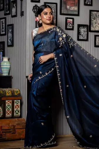 blue woven faux shimmer sequins work all seasons sarees