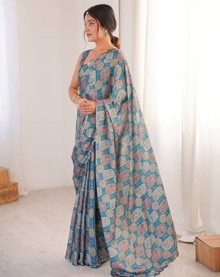 blue girlie chinon digital printed ceremonial saree 4