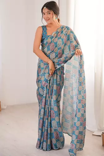 blue girlie chinon digital printed ceremonial saree