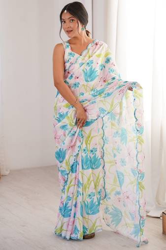 white color girlie chinon fabric designer digital printed ceremonial saree