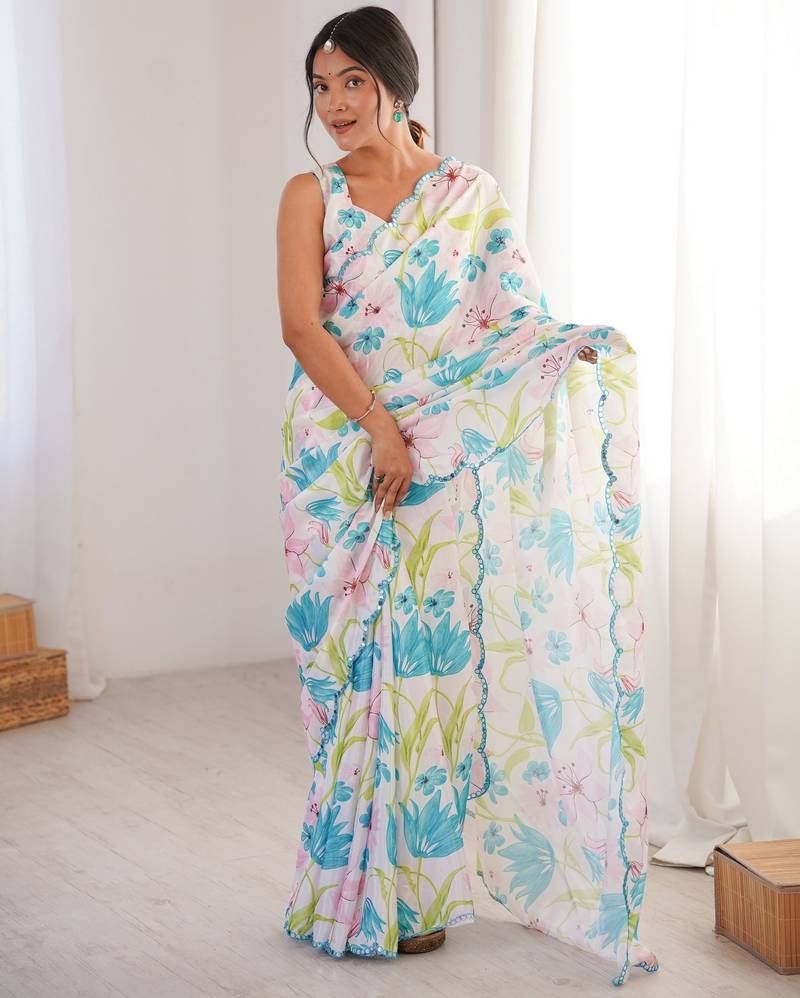 white color girlie chinon fabric designer digital printed ceremonial saree