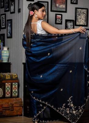 blue woven faux shimmer sequins work all seasons sarees 3