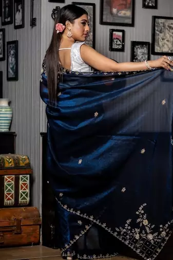 blue woven faux shimmer sequins work all seasons sarees