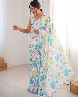 white girlie chinon digital printed ceremonial saree 4