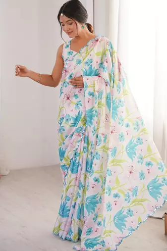 white girlie chinon digital printed ceremonial saree
