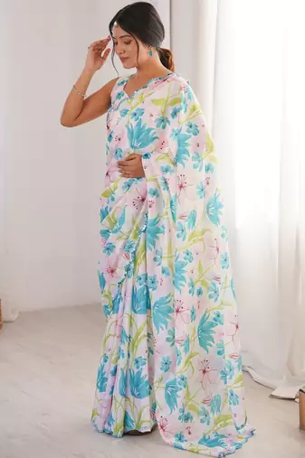 white girlie chinon digital printed ceremonial saree