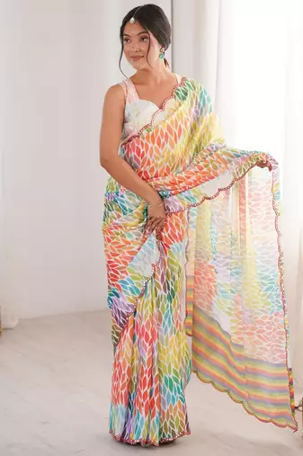 multy color girlie chinon fabric designer digital printed ceremonial saree