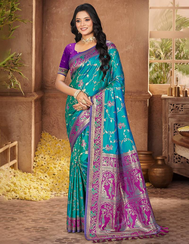 teal blue color silk blend fabric woven designer ethnic partywear saree