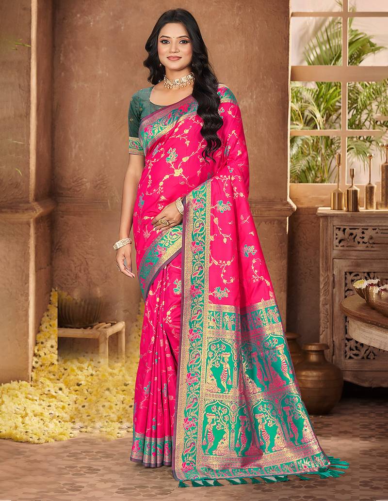 rani pink color silk blend fabric woven designer ethnic partywear saree