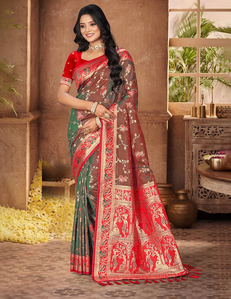 green color silk blend fabric woven designer ethnic partywear saree