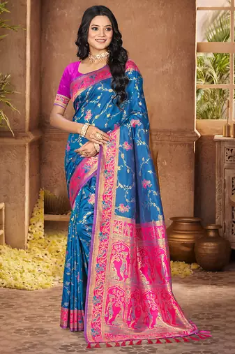 peacock blue color silk blend fabric woven designer ethnic partywear saree