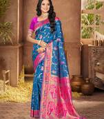 peacock blue color silk blend fabric woven designer ethnic partywear saree