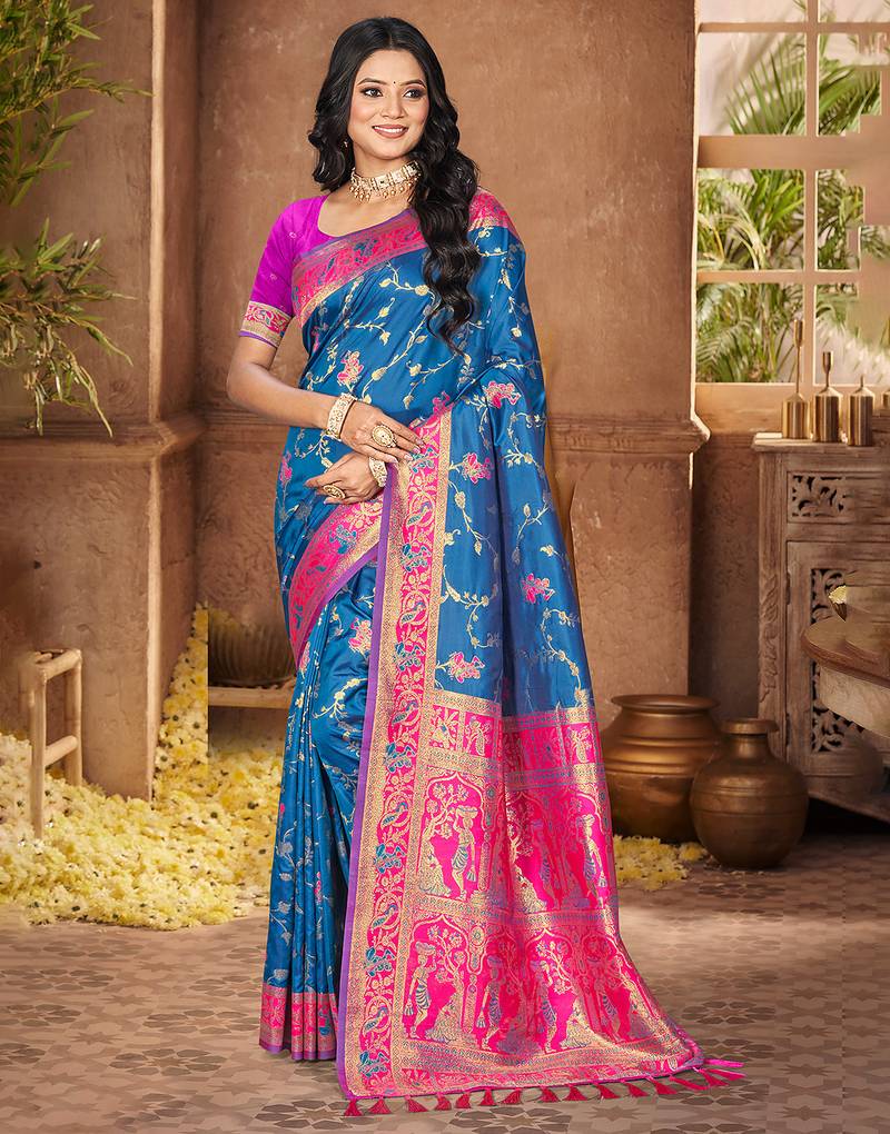peacock blue color silk blend fabric woven designer ethnic partywear saree