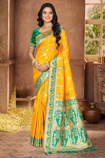 yellow color silk blend fabric woven designer ethnic partywear saree