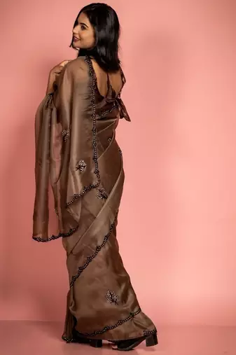 brown woven tissue stone work all seasons sarees