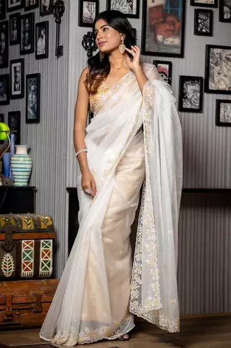 white woven organza cutdana work all seasons sarees