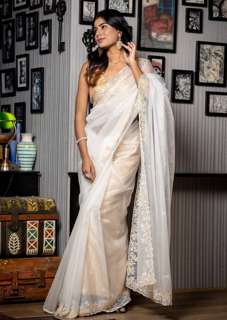 white woven organza cutdana work all seasons sarees