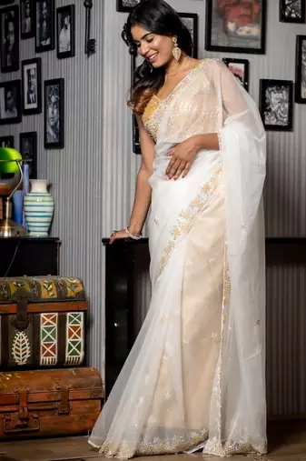white woven organza cutdana work all seasons sarees