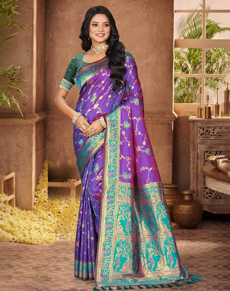 purple color silk blend fabric woven designer ethnic partywear saree