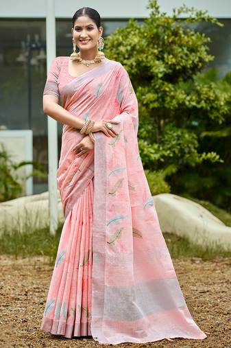 peach color beautiful rich looks designer linen fabric ceremonial saree