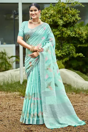 aqua blue color beautiful rich looks designer linen fabric ceremonial saree