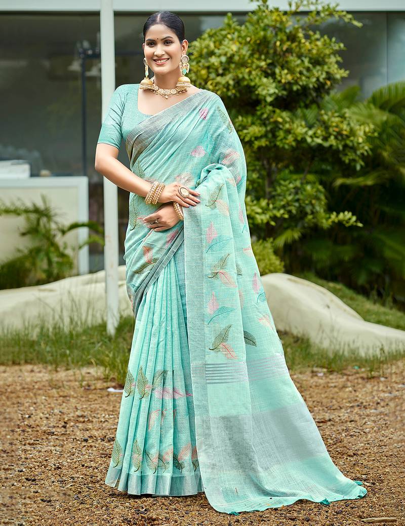aqua blue color beautiful rich looks designer linen fabric ceremonial saree