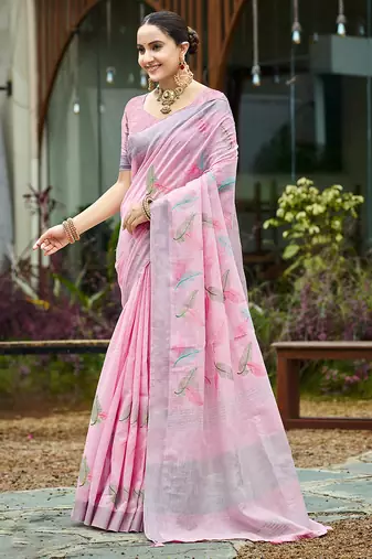pink color beautiful rich looks designer linen fabric ceremonial saree