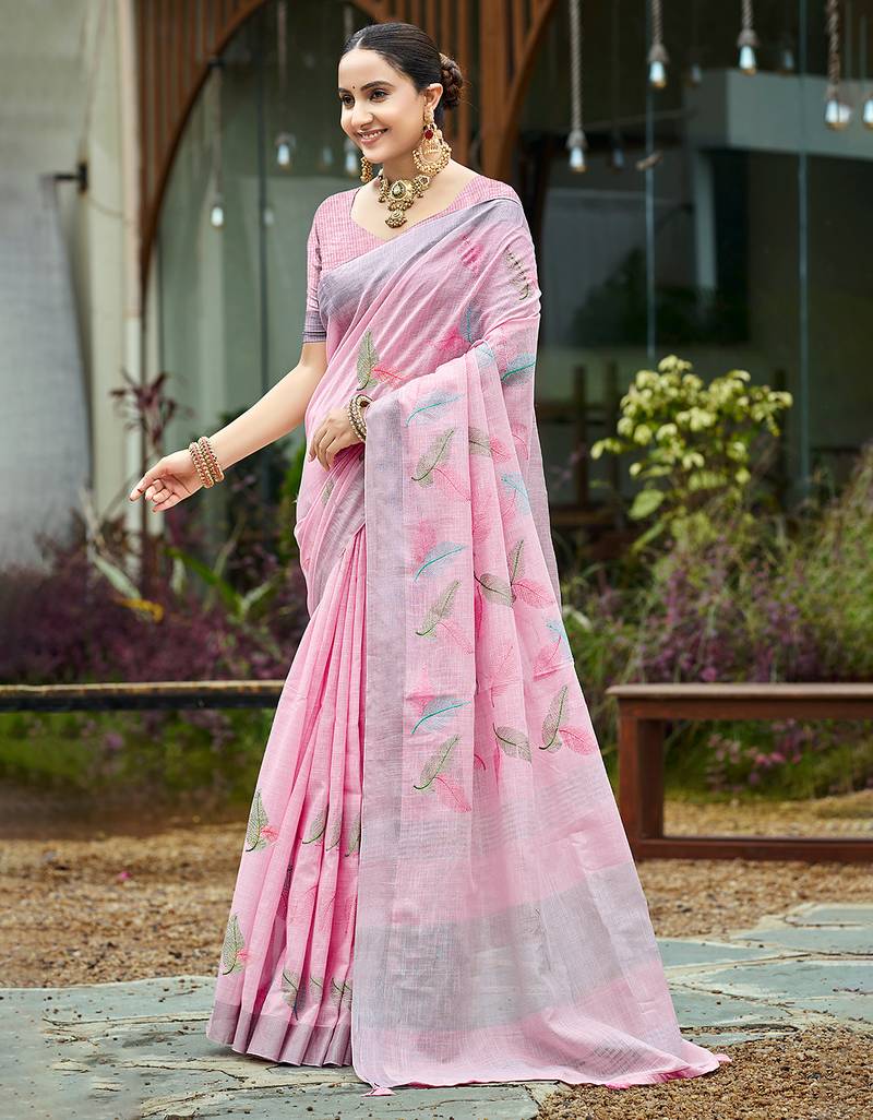 pink color beautiful rich looks designer linen fabric ceremonial saree
