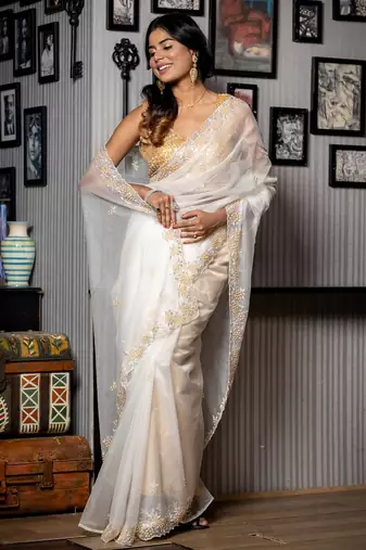 white woven organza cutdana work all seasons sarees