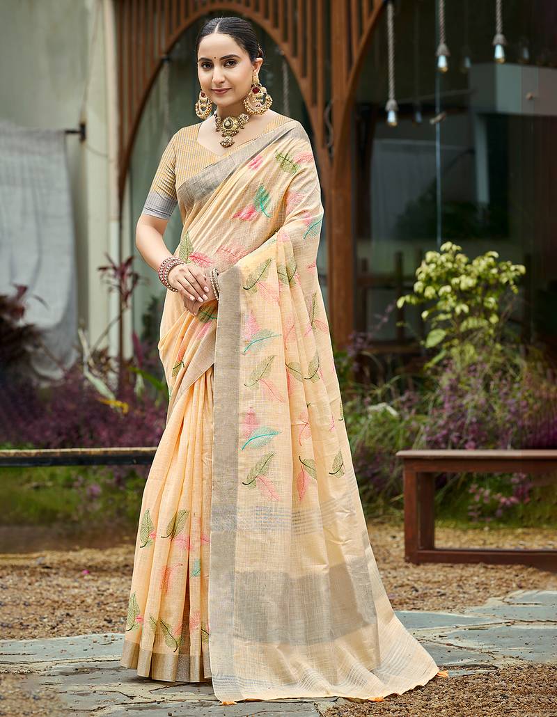 orange color beautiful rich looks designer linen fabric ceremonial saree