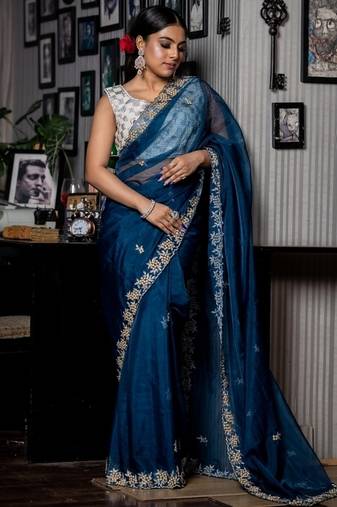 blue woven organza cutdana work all seasons sarees