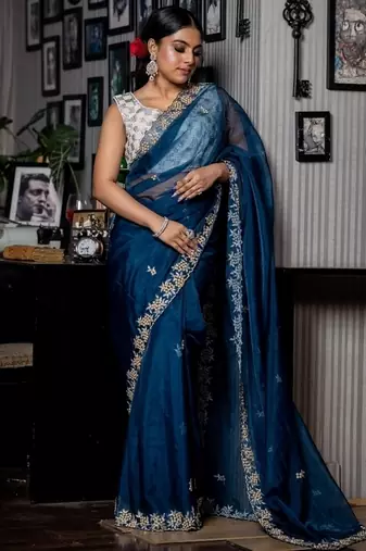 blue woven organza cutdana work all seasons sarees